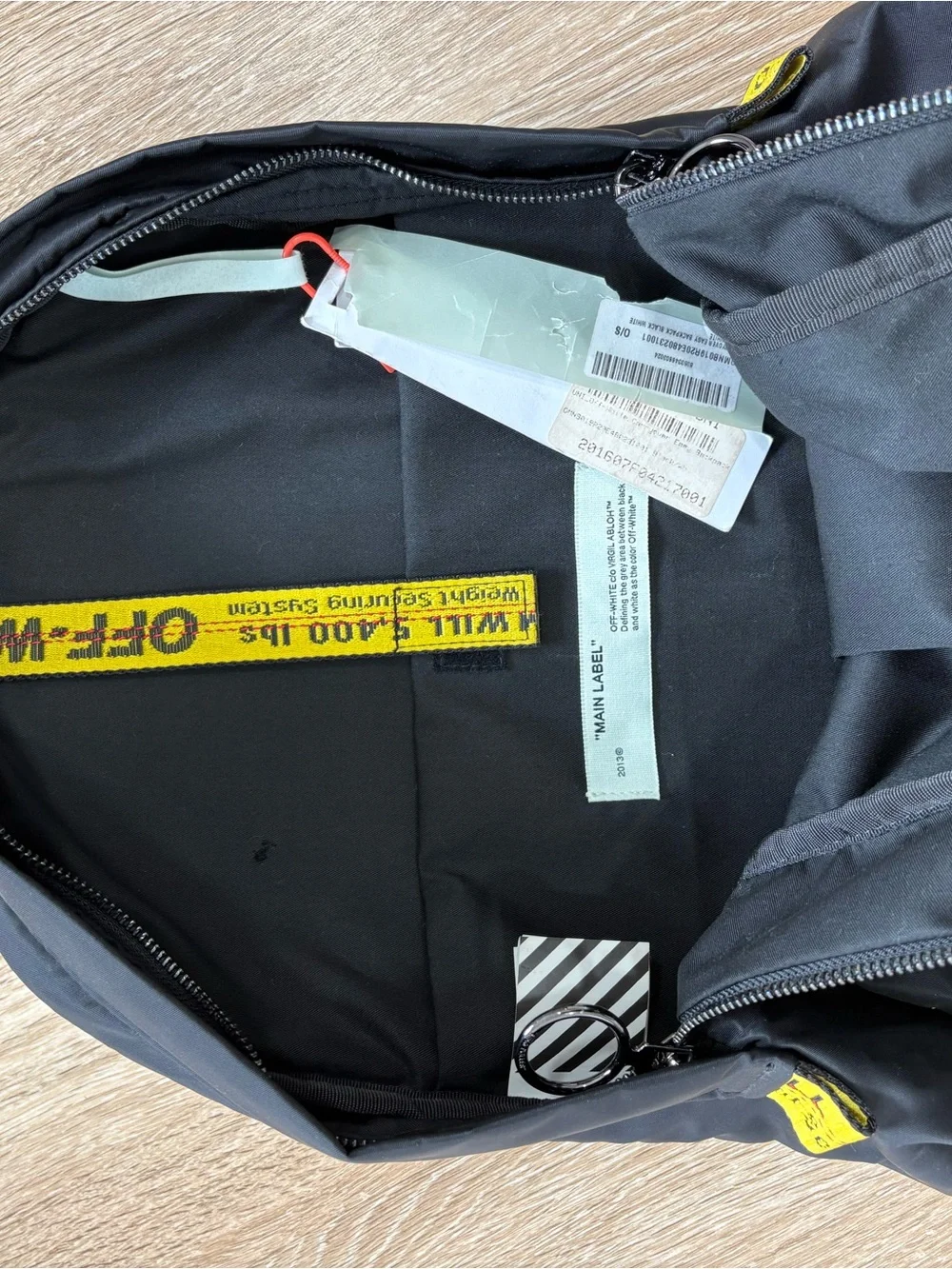 Off-White Black Backpack with White Arrow Graphic and Yellow Straps
